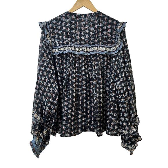 Free People Jenna Floral Peasant Flowy Button Up Top Size L Navy Boho Hippie - Picture 2 of 9
